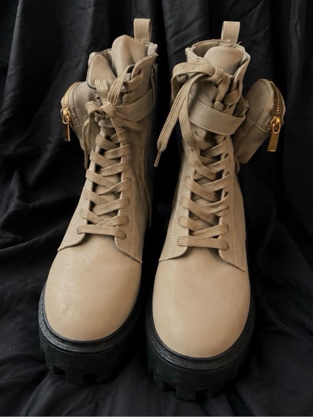 Rainbow Taupe Lace-Up Chunky Pocket Combat Boots